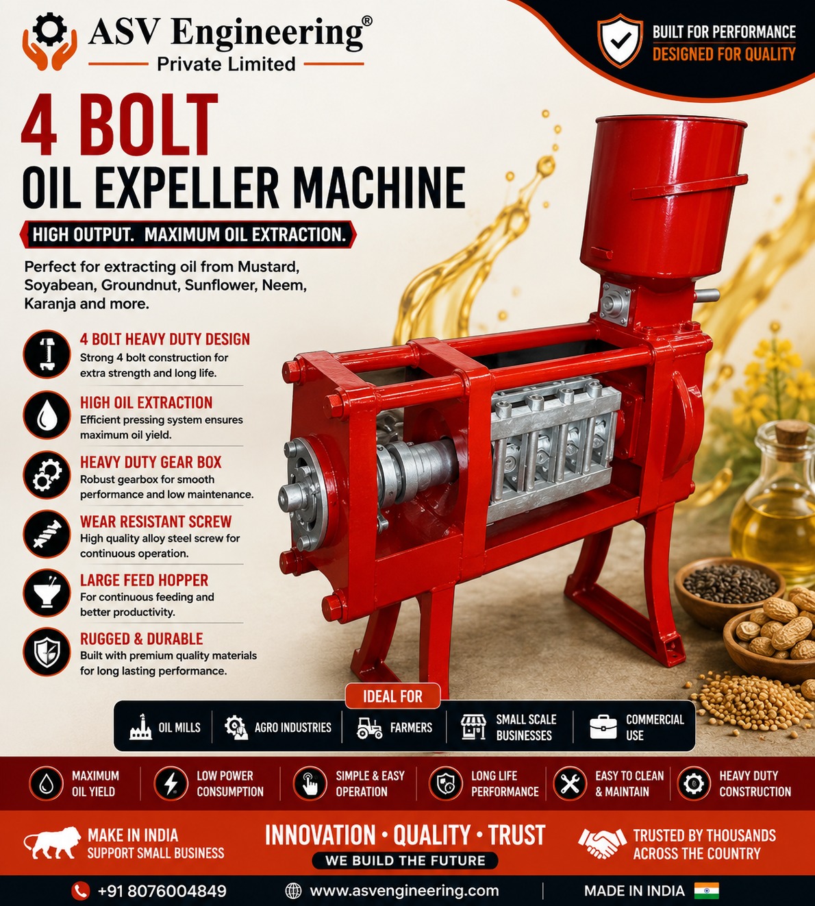 Industrial 4 Bolt Oil Expeller Machine in Araria, Bihar - ASVR Engineering